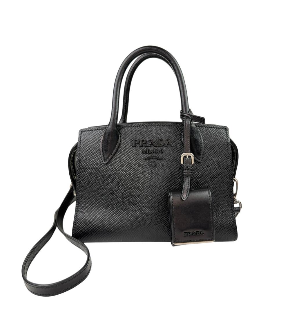 PRADA Milano Monochrome Black Small Handbag Leather Top Handle Crossbody Bag